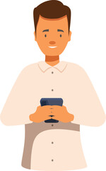Poster - smiling man using mobile phone, texting, reading message, checking social media, playing mobile game