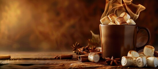 Poster - Copy space image of toasted marshmallows with mug and spices on a dark brown backdrop