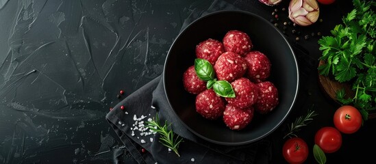 Poster - Food preparation featuring raw ground beef meatballs in a black bowl with copy space image