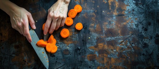 Poster - Top view photo of an unidentifiable woman slicing a carrot into quarters with a knife with copy space image