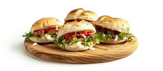 Aufkleber - Delicious roll sandwiches with raisin and white sauce beautifully arranged on a wooden plate against a white background for food photography with copy space image