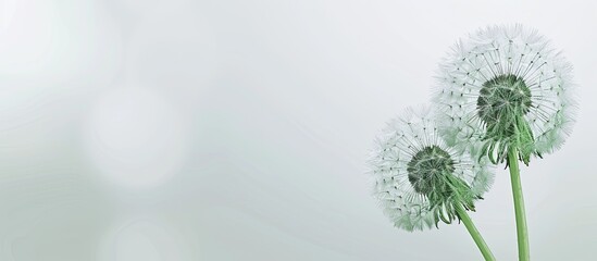 Close up of two green dandelions against a white backdrop capturing the essence of freedom and fragility making an abstract floral image with copy space