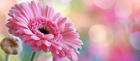 Poster - Focus on a pink flower up close with a blurred background offering ample space for a copy space image