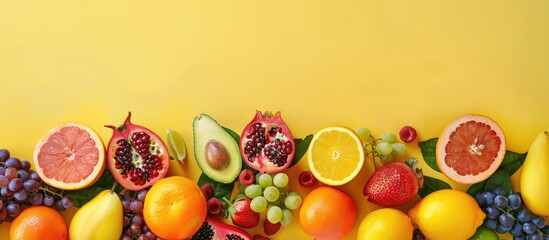 Poster - Composite of various colorful fruits like blood orange orange grapes avocado berries strawberry and pomegranate arranged aesthetically on a yellow background with copy space image