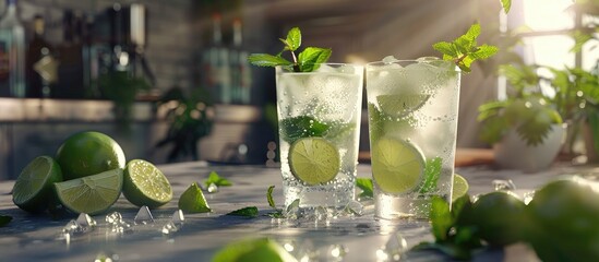 Aufkleber - Fresh Mojito cocktails garnished with lime and mint placed on a grey table with ample copy space image