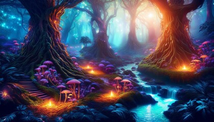 Wall Mural - enchanted forest an otherworldly forest landscape with vibrant glowing flora and fauna majestic ancient trees generative ai