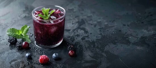 Aufkleber - A glass of delicious acai juice garnished with mint and berries on a textured grey table with room for a message in a copy space image
