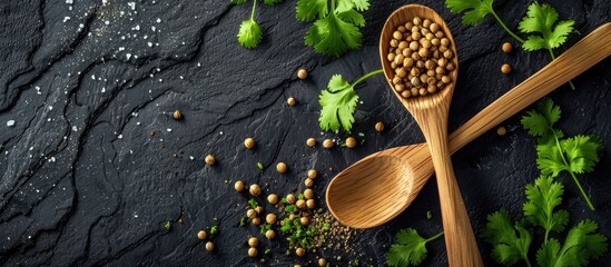 Aufkleber - Close up view of a wooden spoon with dried coriander seeds and green leaves providing space for text in the image. Creative banner. Copyspace image