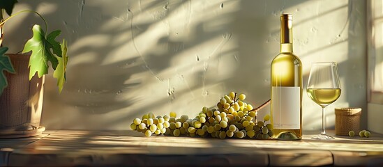 Poster - A tabletop set up showcasing a bottle of white wine grapes and glasses with space for additional graphics