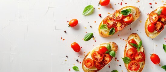 Poster - Top down view of cheesy bruschetta with tomatoes and basil on a white tiled surface allowing for copy space image