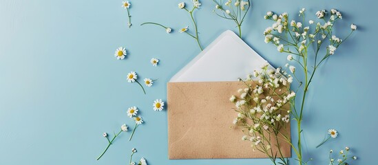 Aufkleber - White greeting card mockup with an envelope floral decorations on a blue pastel background and copy space image Featuring chamomile and gypsophila flowers for a creative touch