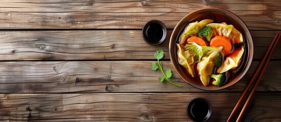 Poster - Wooden background with colorful dumplings in a bowl accompanied by soy sauce cabbage and chopsticks with available space for adding text in the image. Creative banner. Copyspace image