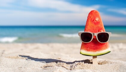 a watermelon popsicle with sunglasses in beach sand with a scenic ocean backdrop