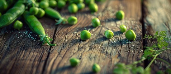 a close up photo of fresh green peas displayed on a rustic wooden table with empty space for text or