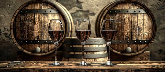 Poster - Wooden wine barrels with wine glasses atop set against a rustic vineyard backdrop offer ample copy space for showcasing food drinks or products