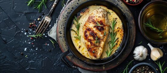 Poster - A top down view of a table background displaying a baked chicken breast in creamy garlic sauce offering ample copy space in the image