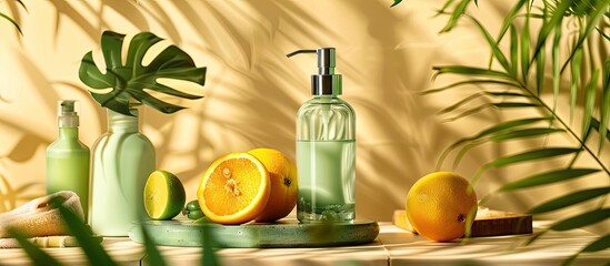 Poster - Skincare product featuring a dispenser bottle alongside a Citrus fruit in a beauty spa setting with medical skincare and cosmetic lotion displayed on a table decor background complete with summer acc