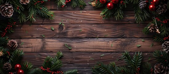 Poster - Wooden background adorned with Christmas decoration perfect for a copy space image
