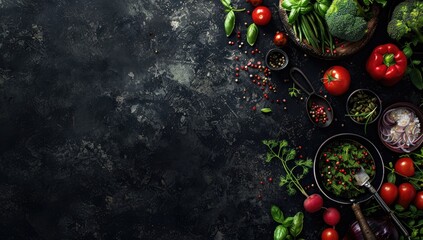 Fresh vegetables, Detox diet concept. A dark background with fresh vegetables and an empty cooking pan, symbolizing the concept of eating healthy food for weight loss.