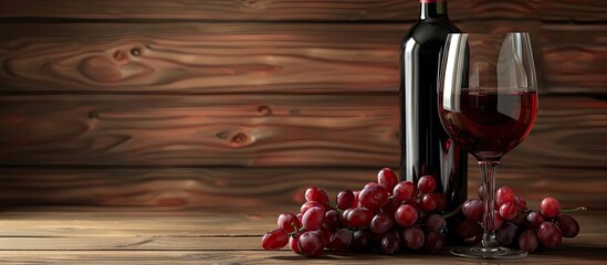 Poster - Red wine bottle with grapes and glass on wood backdrop with copy space image
