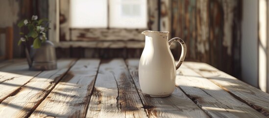 Poster - A jug of fresh milk displayed on a rustic wooden table with ample copy space for text