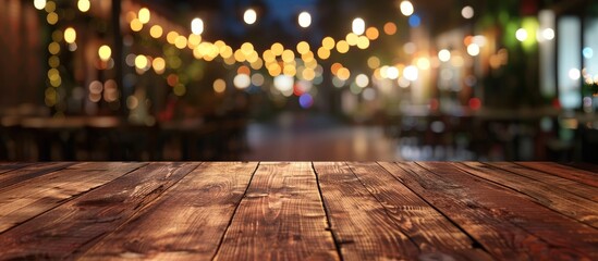 Aufkleber - A wooden table is displayed in a blur of a modern night scene at a bustling restaurant offering a generous copy space image for presenting products or food