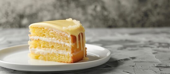Poster - A lemon cake with sugary icing is elegantly presented on a white plate against a textured stone backdrop offering ample copy space for additional elements