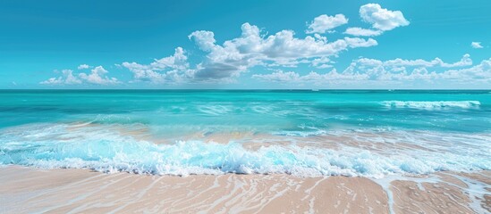 Poster - Beautiful tropical beach with turquoise sea water against a blue sky background ideal for a summer background and vacation concept with copy space image