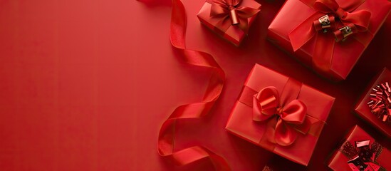 Poster - Top down view of gift boxes with a red ribbon on a matching red background creating an appealing copy space image