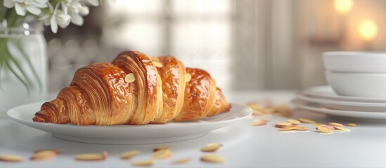 Poster - Almond croissant pastry displayed on a white table with a bright and inviting ambiance ideal for recipes articles catalogs or commercial uses featuring a copy space image