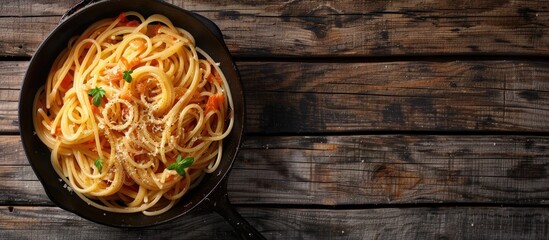 Poster - Wooden background featuring a scrumptious pasta carbonara in a frying pan with ample space for further imagery