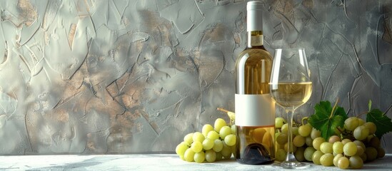 Poster - White wine bottle and glasses with grapes against a gray backdrop with a space for additional images