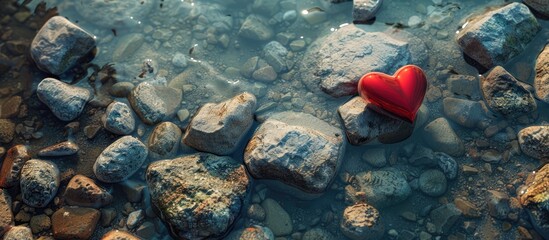 Poster - A red heart ornament on rocks surrounded by water seen from above with a designated area for adding text in the picture. Creative banner. Copyspace image