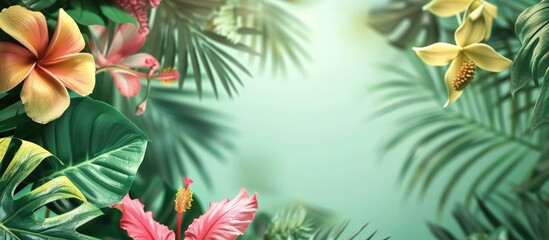 Leinwandbilder - A light green background adorned with tropical leaves and flowers creates a summer themed copy space image