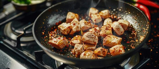 Poster - Cooking diced chicken fillet on a gas stove in a frying pan showing a copy space image