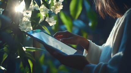 Poster - A person holding a tablet device and swiping on the touchscreen display engaging with digital technology for communication information access and productivity enhancement in a modern