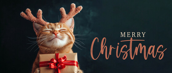 Wall Mural - merry christmas concept holiday vacation winter greeting card with text - cute cat with reindeer ant