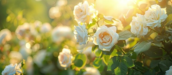 Aufkleber - Sunny summer day at the park reveals blooming white roses illuminated by sunlight against a blurred background with a gardening concept offering ample copy space image