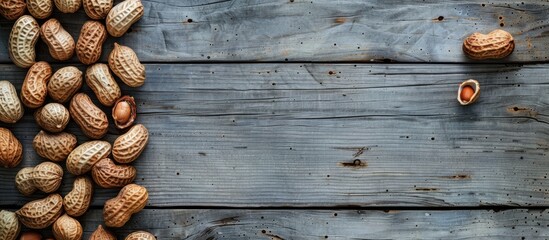 Poster - Peanuts with shells arranged on a weathered gray wooden surface with available copy space image