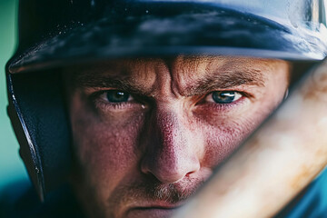 A close-up of a baseball batter swinging their bat with power, their eyes locked on the incoming pitch. Focus on the tension in their muscles, the determination in their expression, and the blur of