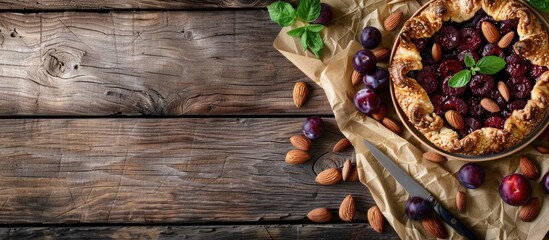 Aufkleber - Wooden background with baking paper a tasty plum galette and a dish of almonds offering a visually appealing composition with copy space image
