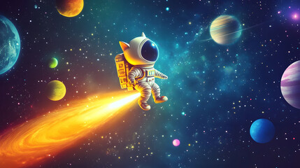 Wall Mural - Cat Astronaut flying outer space among colorful planets and stars 3D cartoon illustration