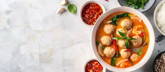 Poster - Delicious Indonesian specialty fresh vegetable soup with meatballs served with shrimp paste chili sauce and side dishes against a copy space image