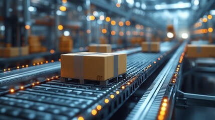 Poster - automated conveyor belt transports eco-friendly packaging in a manufacturer facility focused on sust