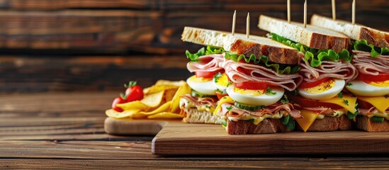 Poster - A new club sandwich featuring ham cheese boiled eggs and potato chips on a wooden backdrop embodying a healthy fast food idea with room for text or images. Creative banner. Copyspace image