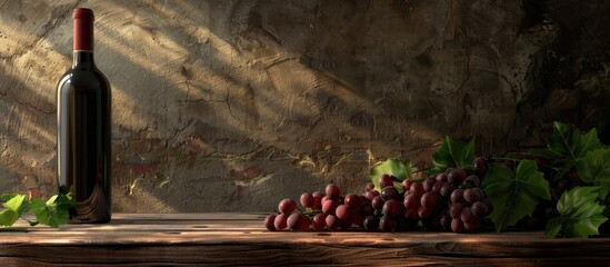 Poster - Red wine bottle next to grapes on a wooden surface with copy space image available