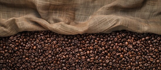 Poster - A textured surface of roasted coffee beans on a brown linen fabric backdrop is set as a flat lay with copy space image visible from a top view