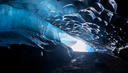 Canvas Print - discover the beauty of natural ice caves in iceland with unique formations and glowing light deep dark abyss with hints of glowing light