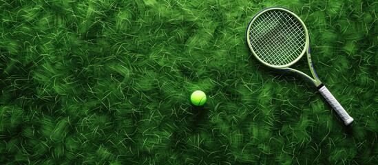 Aerial shot showing tennis gear on lush green turf with blank space for text suitable for advertising banners Great for marketing materials. Creative banner. Copyspace image