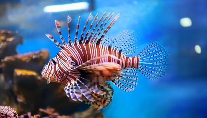 a lionfish in an aquarium swims slowly in the water